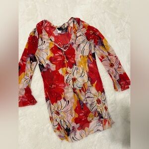Floral Red Long-Sleeve Women’s Tunic Top sze med
